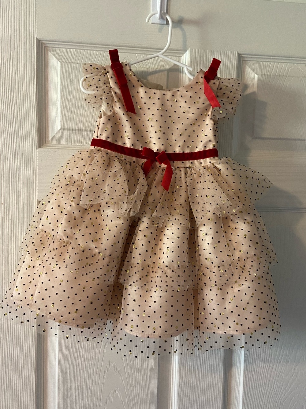 Blueberi Boulevard Cream Polka Dot Tulle Dress with Red Bow